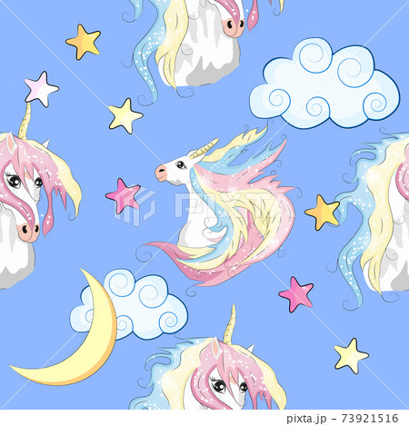 Seamless pattern with trendy cartoon patches. Unicorns, rainbows and hearts. Seamless pattern with trendy cartoon patches. Unicorns, rainbows and hearts. 73921516