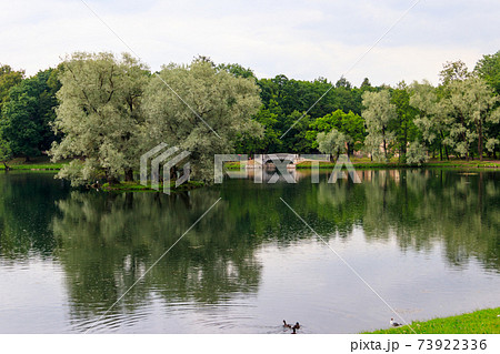 Lake with old bridge in a park in Gatchina, Russia 73922336