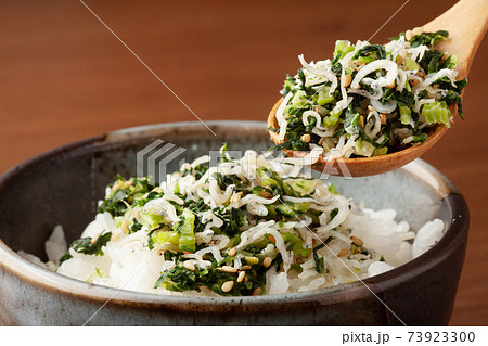 野沢菜ちりめんご飯の写真素材