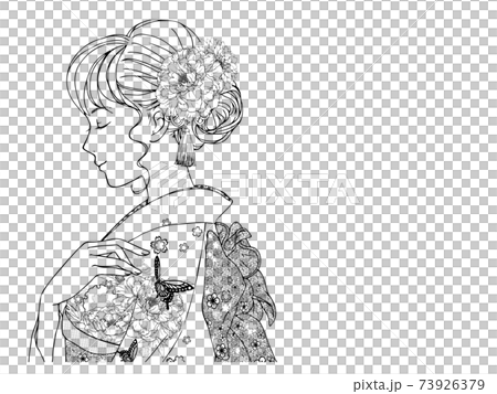 女人的線條藝術，穿著側身陽光明媚的衣服（閉著眼睛） 73926379