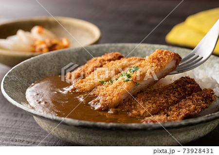 フォークですくった、カツカレーのアップ フォークですくった、カツカレーのアップ 73928431