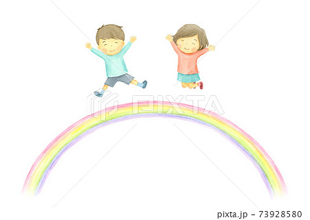 虹をジャンプするこども　水彩イラスト 73928580