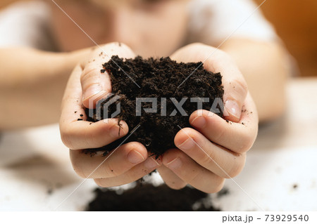 boy holds out his hands c fertile ground , front view, blurred background 73929540