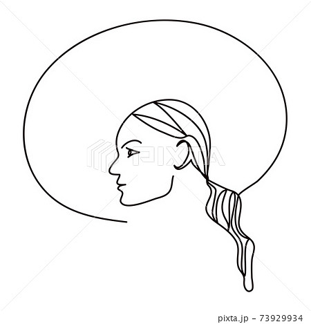 Linear art of a female face with a headdress. Fashion concept, minimalism of female beauty. Vector illustration 73929934