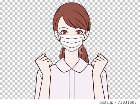 ガッツポーズをするマスクをつけた看護師 73931605