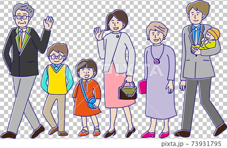 赤ちゃんからおじいちゃんまで三世代でお出かけをしている家族のイラスト 赤ちゃんからおじいちゃんまで三世代でお出かけをしている家族のイラスト 73931795