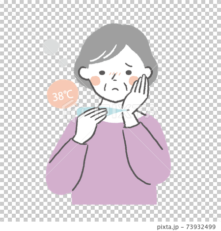 体温計を見つめる高齢の女性 73932499
