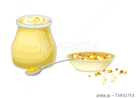 Yellow Mustard Sauce or Paste in Glass Jar with Seeds in Bowl Vector Illustration Yellow Mustard Sauce or Paste in Glass Jar with Seeds in Bowl Vector Illustration 73932753