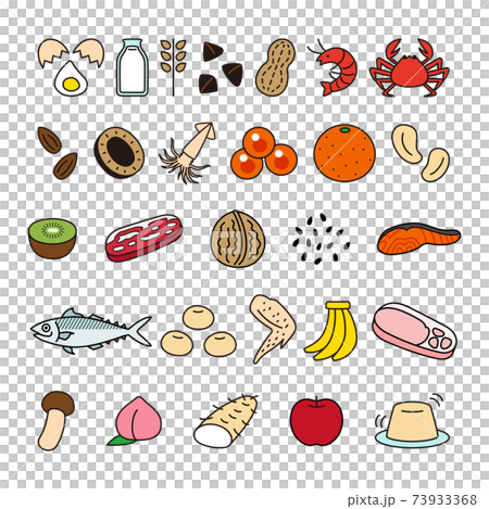 28 items such as food allergies, specific raw materials, icons, colorful set 73933368