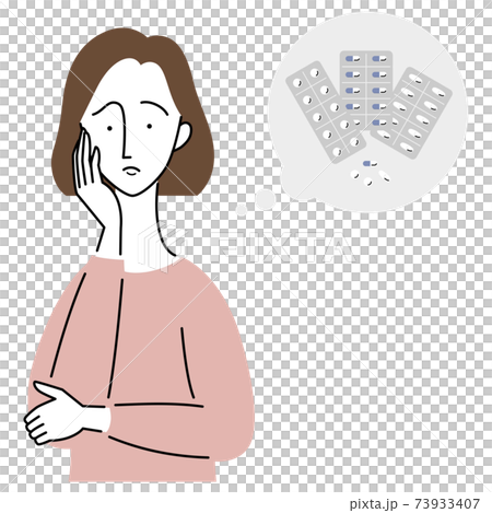 A woman who seems to be worried about medicine 73933407