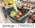 スーパーで買い物かごにトマトを入れる女性買い物客手元 73933513