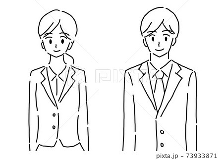 スーツ姿の若い男女の線画イラストのイラスト素材