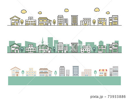 街並みのイラストセット シンプル 背景 おしゃれ アイコン 町 ビル 