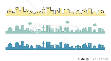 街並みのイラストセット シンプル 空 線 背景 おしゃれ アイコン 町 ビル 風景 都会のイラスト素材