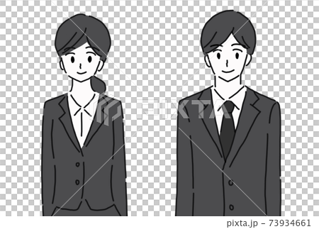 スーツ姿の若い男女のモノクロ線画のイラストのイラスト素材
