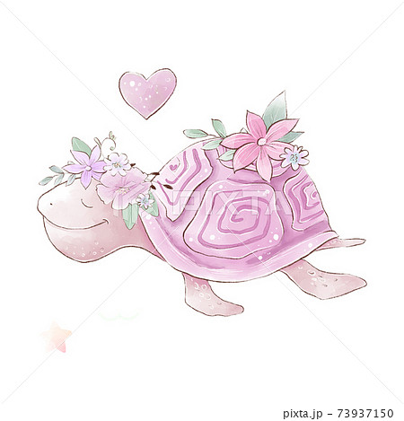 Watercolor illustration of a cute cartoon sea turtle with delicate flowers 73937150