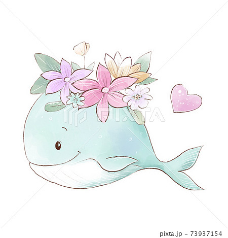 Watercolor illustration of a cute cartoon whale with delicate flowers 73937154