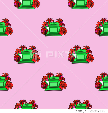Pink and Green summer tropical seamless pattern with bottles of perfume. Endless texture for fashion design. 73937550