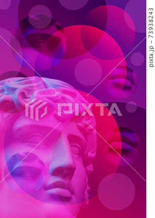 Collage with plaster antique sculpture of human face in a pop art style. Modern creative concept image with ancient statue head. Zine culture. Contemporary art poster. Funky minimalism. Retro design. Collage with plaster antique sculpture of human face in a pop art style. Modern creative concept image with ancient statue head. Zine culture. Contemporary art poster. Funky minimalism. Retro design. 73938243