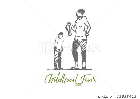 Son, mom, belt, punishment, angry, fear concept. Hand drawn isolated vector. Son, mom, belt, punishment, angry, fear concept. Hand drawn isolated vector. 73938413