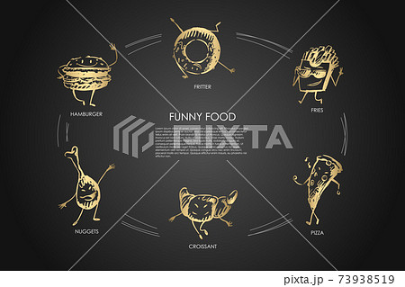 Funny food - hamburger, nuggets, croissant, pizza, fries, fritter vector concept set 73938519