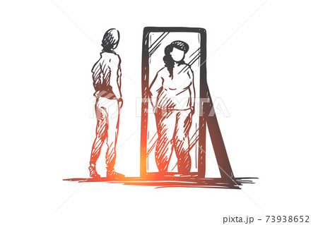 Girl, mirror, body, distorted, weight concept. Hand drawn isolated vector. Girl, mirror, body, distorted, weight concept. Hand drawn isolated vector. 73938652