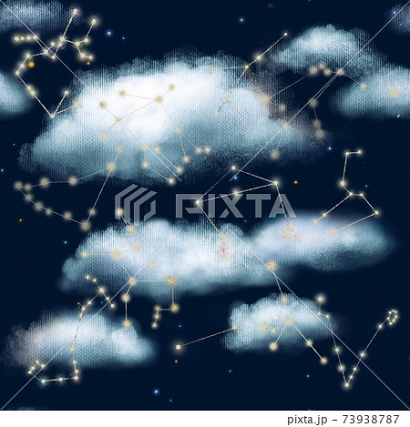 夢かわいいふわふわの雲と輝く12星座のパターンイラストのイラスト素材