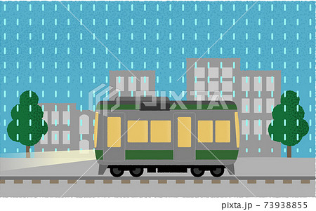 雨の中 ライトを点けて都市を走る電車のベクターイラストのイラスト素材