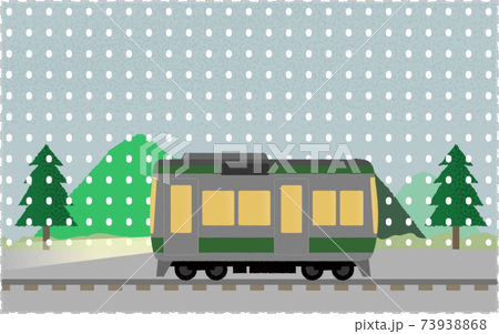 Vector illustration of a train running along the mountain with lights on in the snow 73938868