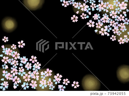パステルカラーの水彩夜桜 フレーム 光 横のイラスト素材