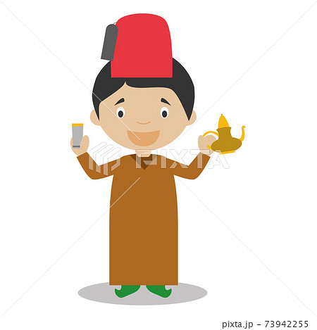 Character from Morocco dressed in the traditional way with a tea set. Vector Illustration. Kids of the World Collection. 73942255