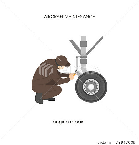 Engineer repairing aircraft landing gear. Repair and maintenance of airplane Engineer repairing aircraft landing gear. Repair and maintenance of airplane 73947009