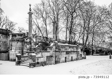 Stone brige staircase covered by snow Stone brige staircase covered by snow 73949112