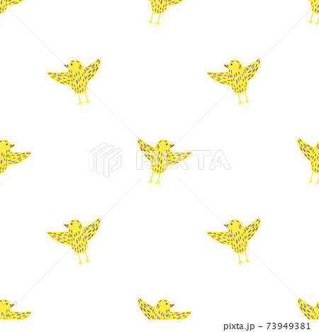 Isolated seamless doodle pattern with simple yellow bird silhouettes. White background. 73949381