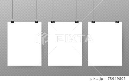Set of multicolored binder clips on a piece of paper on a transparent background. Clerical clothespin on a transparent background. 73949805
