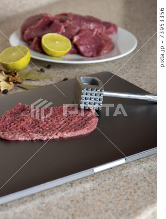 Computer is used as a kitchen board. Meat on laptop is ready to beat with tenderizer. Computer hating or testing. 73953356