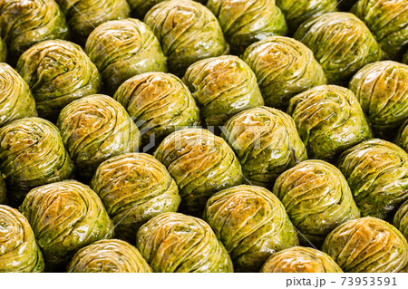 Traditional Turkish baklava with pistachios. Traditional Turkish baklava with pistachios. 73953591