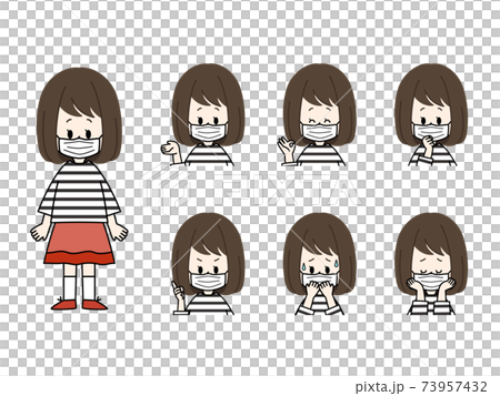 マスクをしている女の子の表情セットのイラスト素材