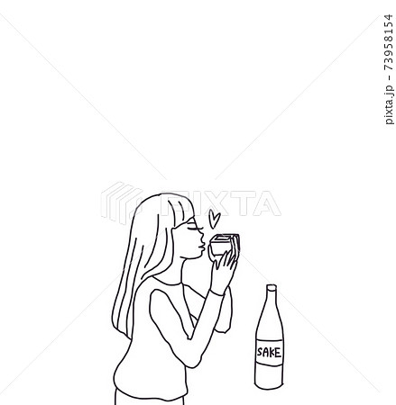 枡酒を飲む女性 線画のイラスト素材