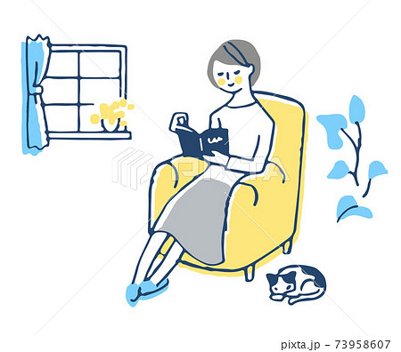 ソファーに座ってくつろぐ女性のイラスト素材