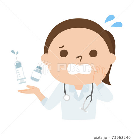女性の医者のイラスト ワクチンと注射器を持って慌ててる女性 のイラスト素材