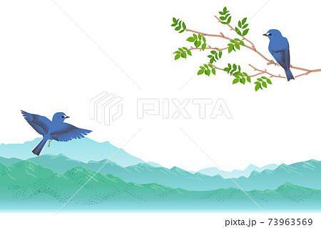 清々しい山並みと青い鳥のベクターイラストのイラスト素材