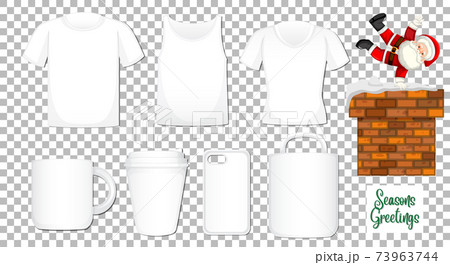 Santa Claus dancing cartoon character with set of different blank clothes and accessories products on transparent background Santa Claus dancing cartoon character with set of different blank clothes and accessories products on transparent background 73963744