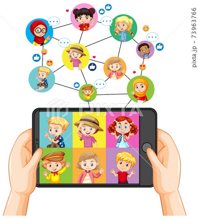Hands holding smartphone with different kid on smartphone screen on white background 73963766