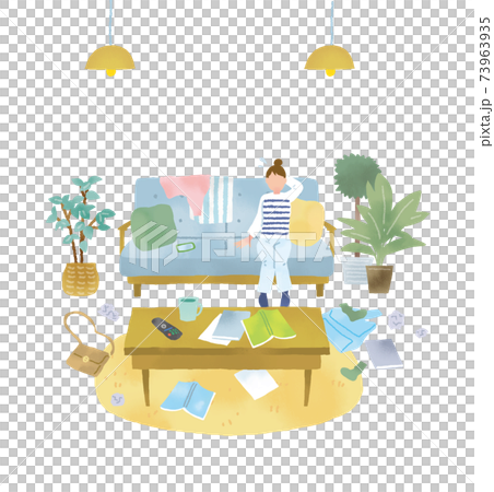 とても汚い部屋と困った女性のイラスト 73963935