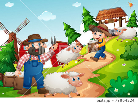 Father and son in the farm with many sheep scene 73964524