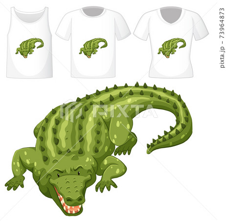 Set of different shirts with crocodile cartoon character isolated on transparent background 73964873