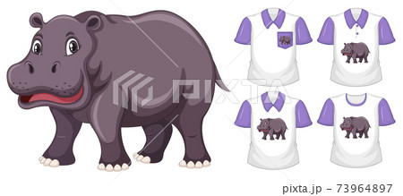 Hippopotamus in stand position cartoon character with many types of shirts on white background Hippopotamus in stand position cartoon character with many types of shirts on white background 73964897