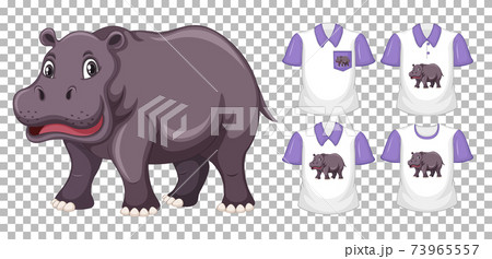 Hippopotamus in stand position cartoon character with many types of shirts on transparent background 73965557