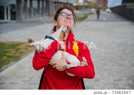 Clever puppy Jack Russell Terrier plays with the owner on the street. Thoroughbred shorthair dog cheerfully licks a woman's face. Energetic pet in motion. Clever puppy Jack Russell Terrier plays with the owner on the street. Thoroughbred shorthair dog cheerfully licks a woman's face. Energetic pet in motion. 73965847